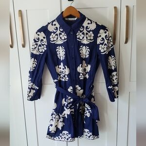 Zara Dress Womens M Blue Long Sleeve Mini Button Front Collard Shirtdress